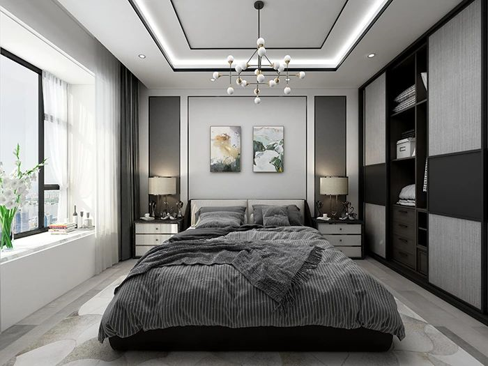 灰色的墙面和白色床品相互呼应原木色地板带来的温馨感不规则吊灯的